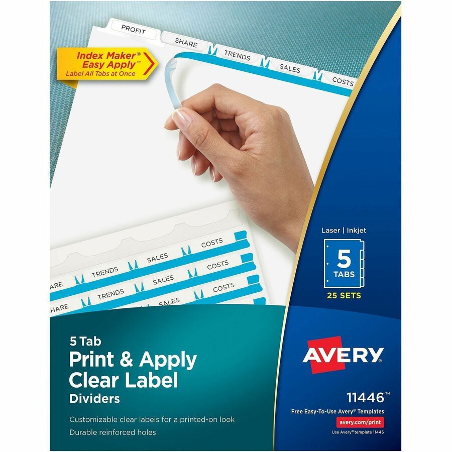 Avery® Print & Apply Clear Label Dividerswith Index Maker® Easy Apply™ Labels for Laser and Inkjet Printers, 5 tabs, 25 sets - 11446