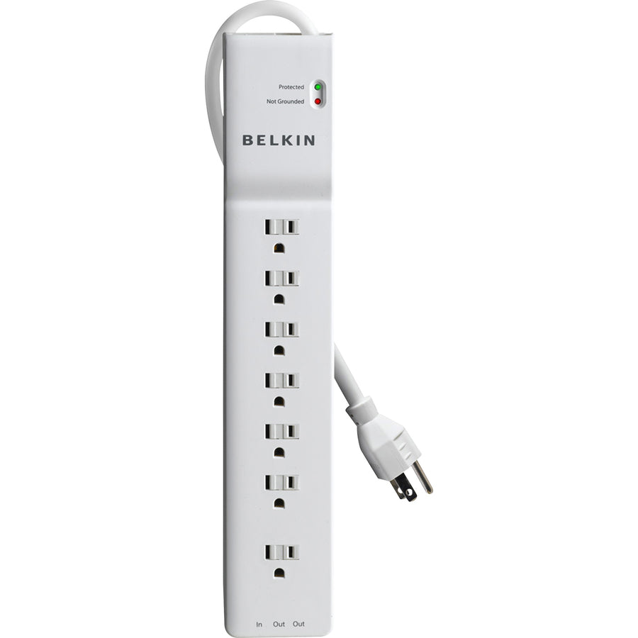 Belkin 7-Outlet Surge Protector - 6ft Cord - Right Angle Plug - 2320J - Telephone Protection - White - BE10720006
