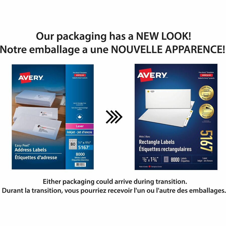 Avery White Rectangle Labels with Sure Feed™ Technology Easy Peel®, 1-3/4" x 1/2" , Permanent Adhesive, for Laser and Inkjet Printers - 05167