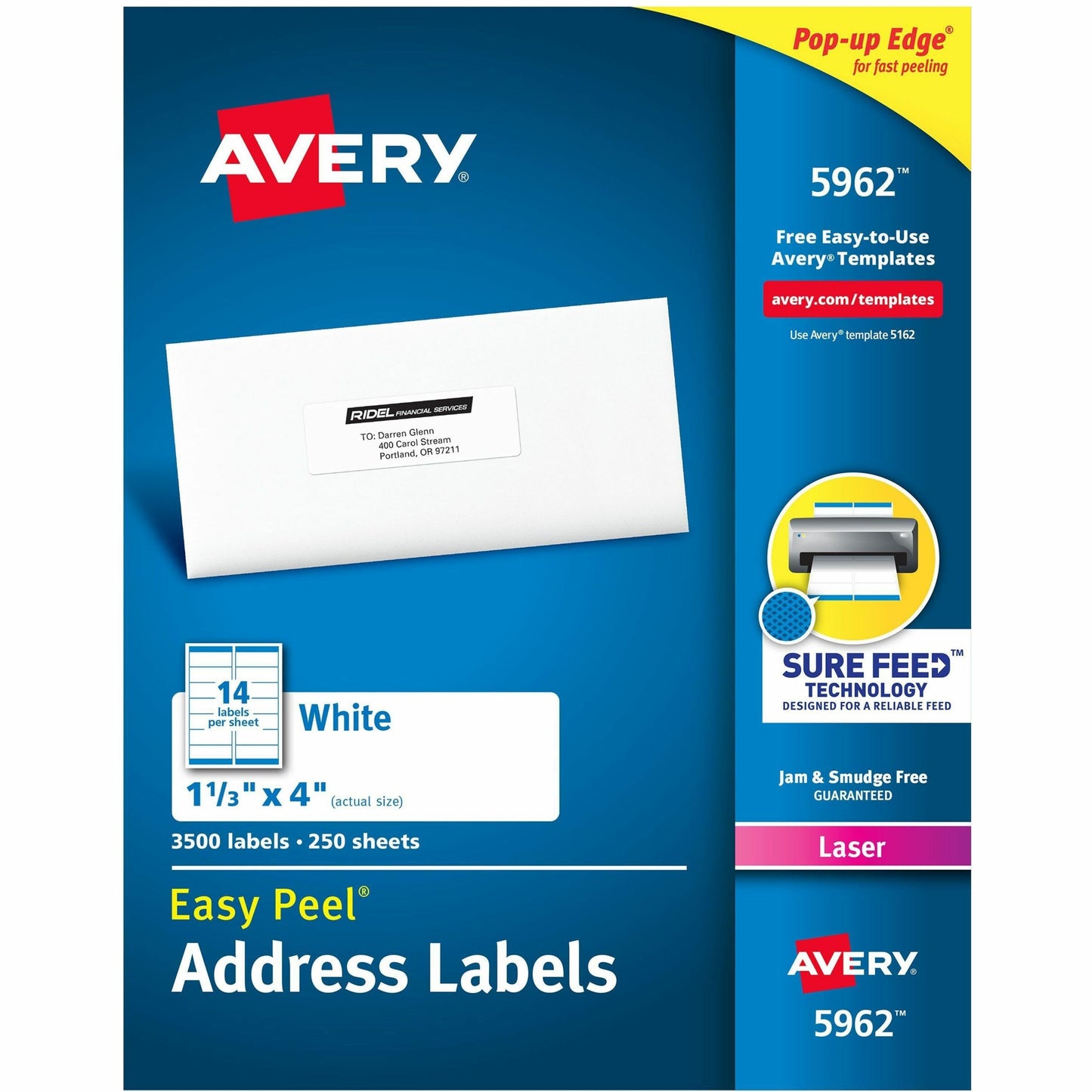 Avery® White Rectangle Labels with Sure Feed™ TechnologyEasy Peel®, 1-1/3" x 4" , Permanent Adhesive, for Laser and Inkjet Printers