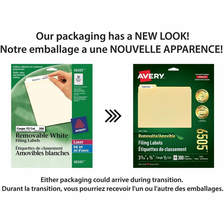 Avery Removable White Filing Labels for Laser and Inkjet Printers, 3-7/16" x 2/3" - 06505
