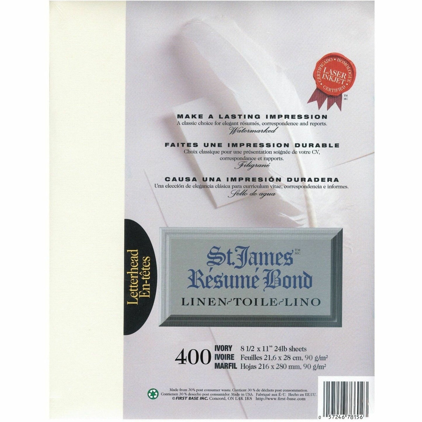 St. James® Résumé Bond, Linen, 24 lb Letter-Size Paper, Ivory, Pack of 400, 78156