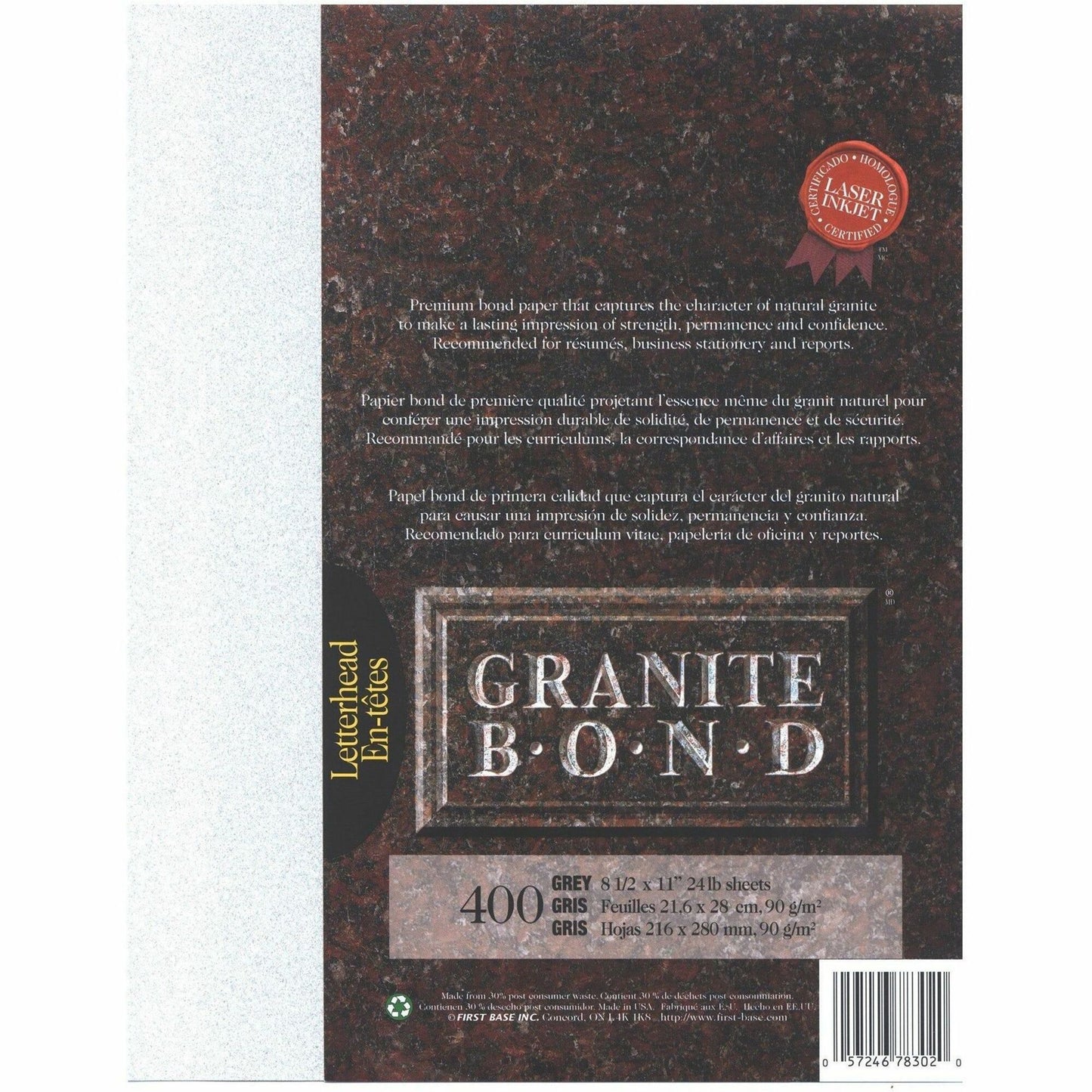 St. James® Granite Bond, 24 lb Letter-Size Paper, Gray, Pack of 400, 78302