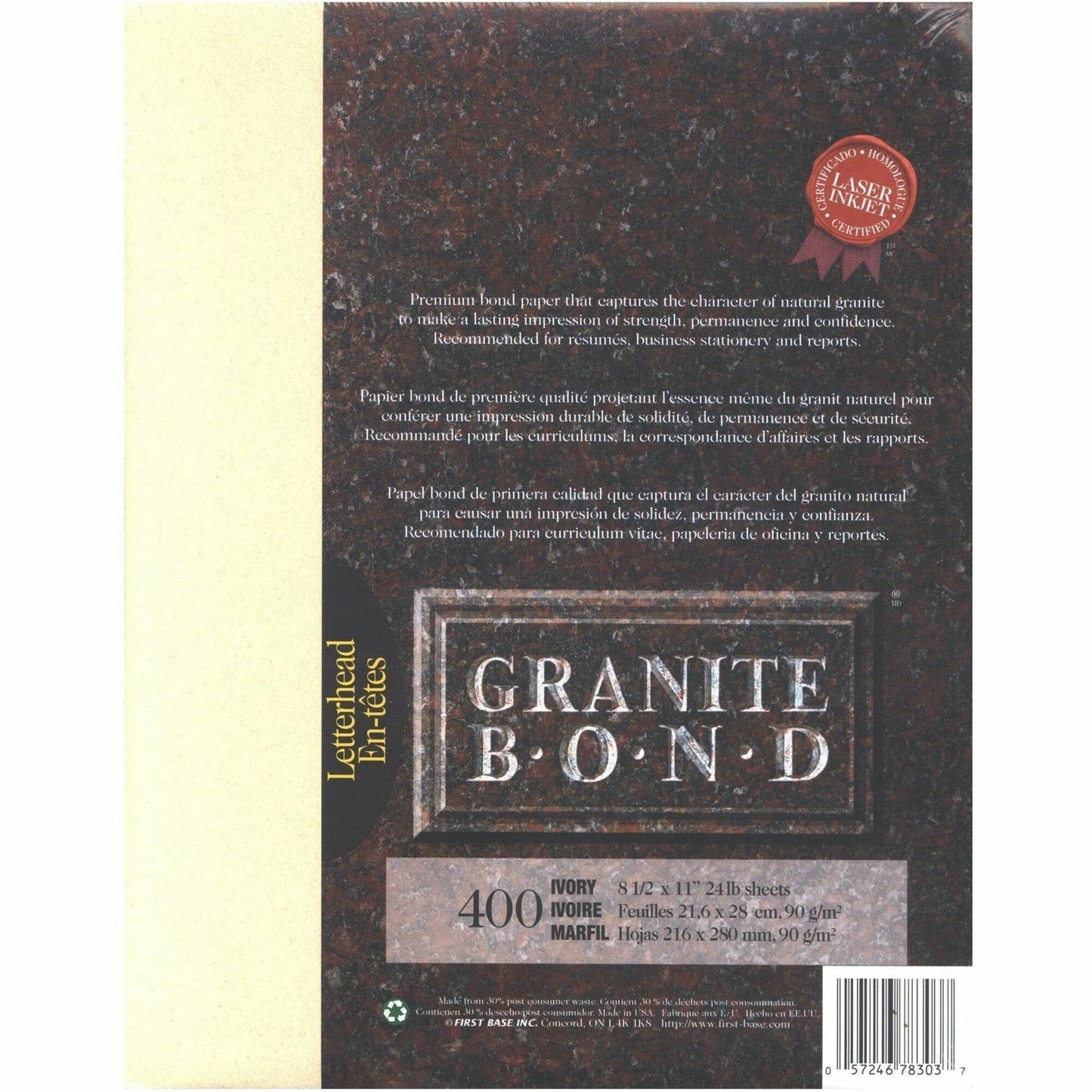 St. James® Granite Bond, 24 lb Letter-Size Paper, Ivory, Pack of 400, 78303