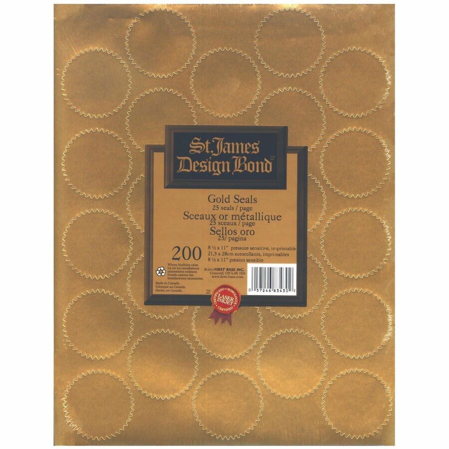 St. James® Imprintable Seals, Metallic Gold, 25/sheet, Pack of 8 (200 Seals), 83430 - 83430