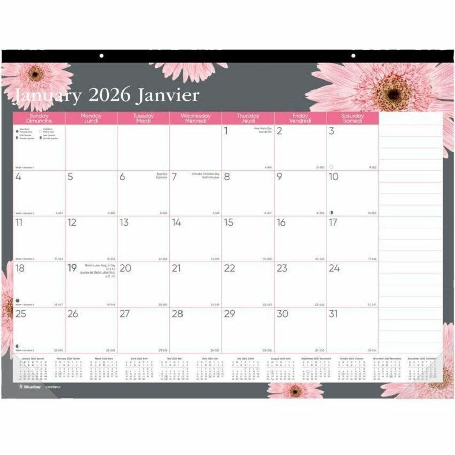 Blueline Pink Daisy Monthly Desk Pad Calendar, 22" x 17" , Bilingual