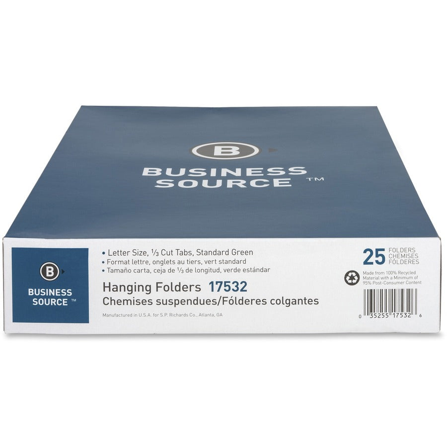 Business Source 1/3 Tab Cut Letter Recycled Hanging Folder - 17532