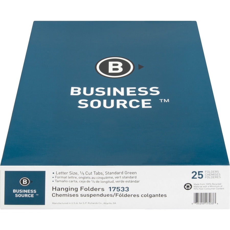 Business Source 1/5 Tab Cut Letter Recycled Hanging Folder - 17533
