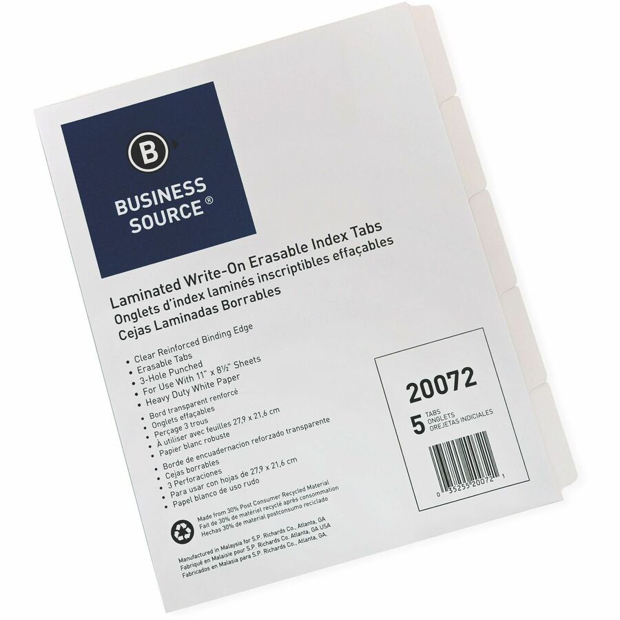 Business Source 3-Ring 5-Tab Erasable Tab Indexes - 20072