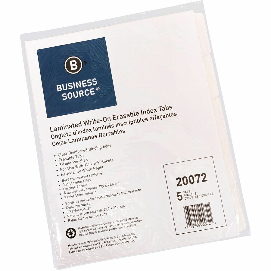 Business Source 3-Ring 5-Tab Erasable Tab Indexes - 20072