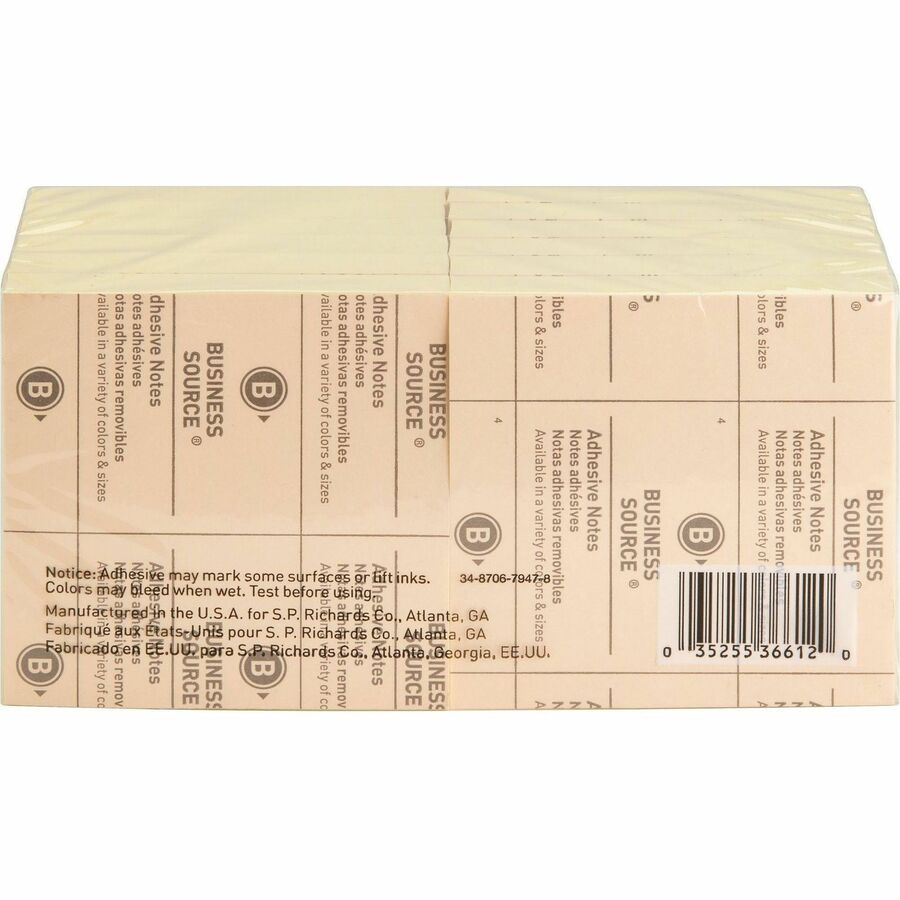 Business Source Yellow Repositionable Adhesive Notes - 36612
