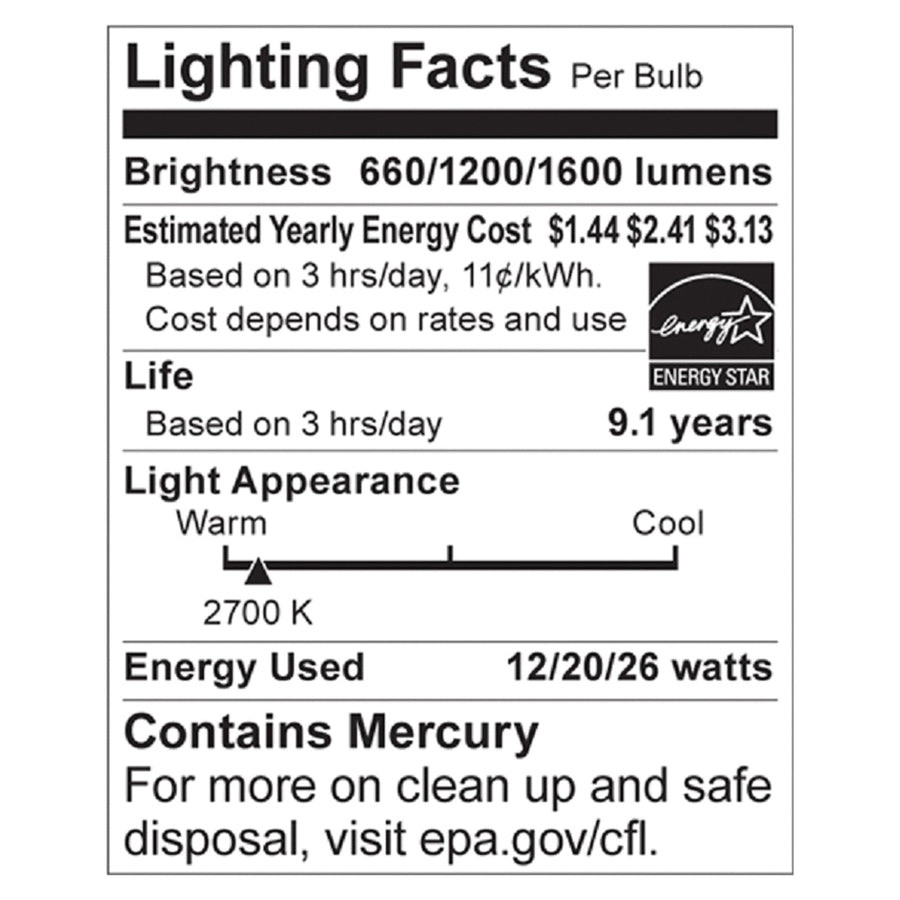Satco 12/20/26 Watt 3-Way T4 Spiral CFL Bulb - S7341