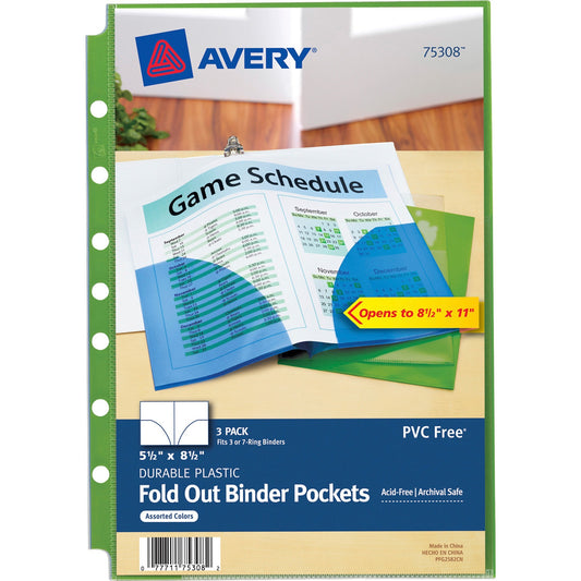 Avery® Small Binder Pockets, Fold-Out, 5 1/2 x 9 1/4, Assorted, Pack of 3 (75308)