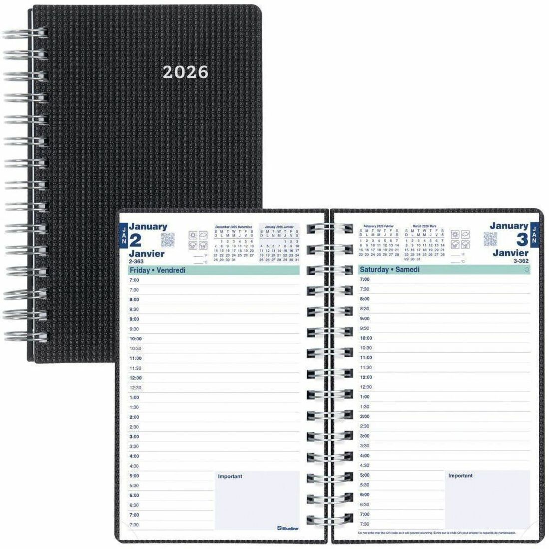 Blueline DuraFlex Daily Planner, 8" x 5" , Bilingual, Black