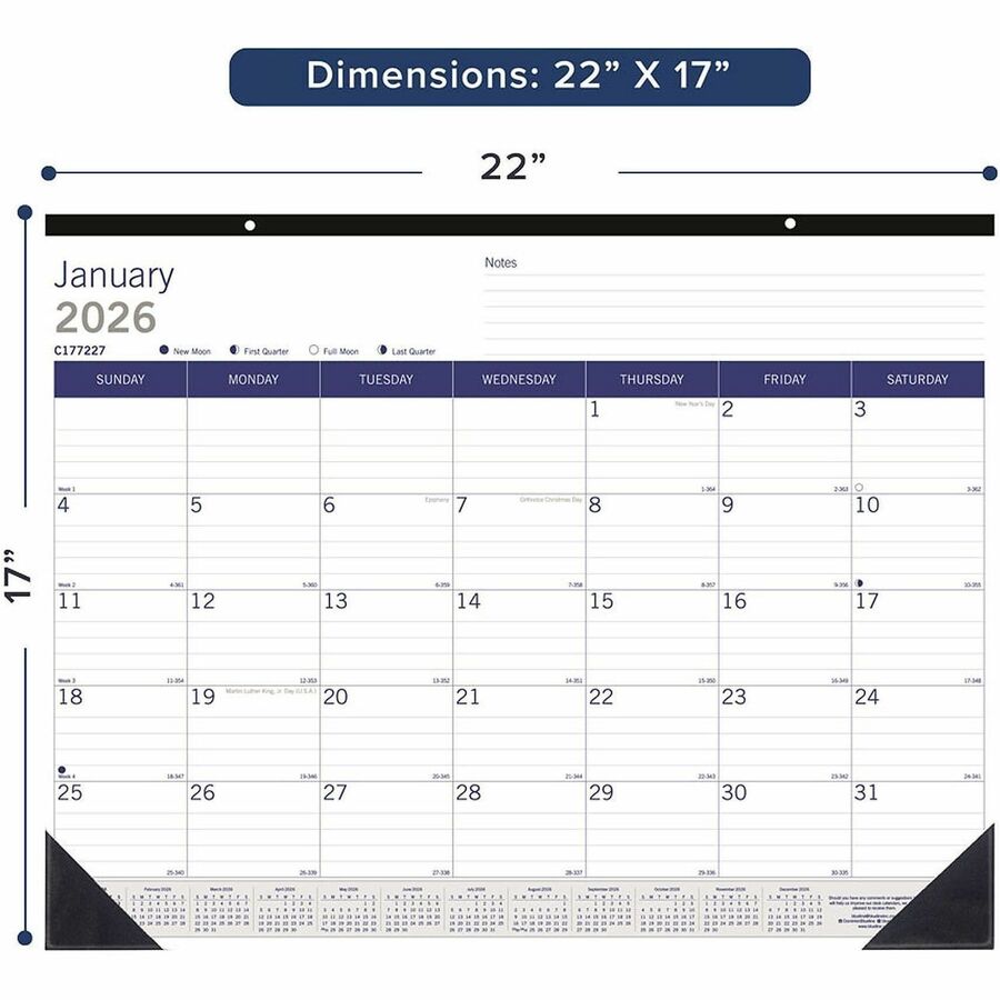 Blueline DuraGlobe Monthly Desk Pad Calendar, 22" x 17" , English - C177227