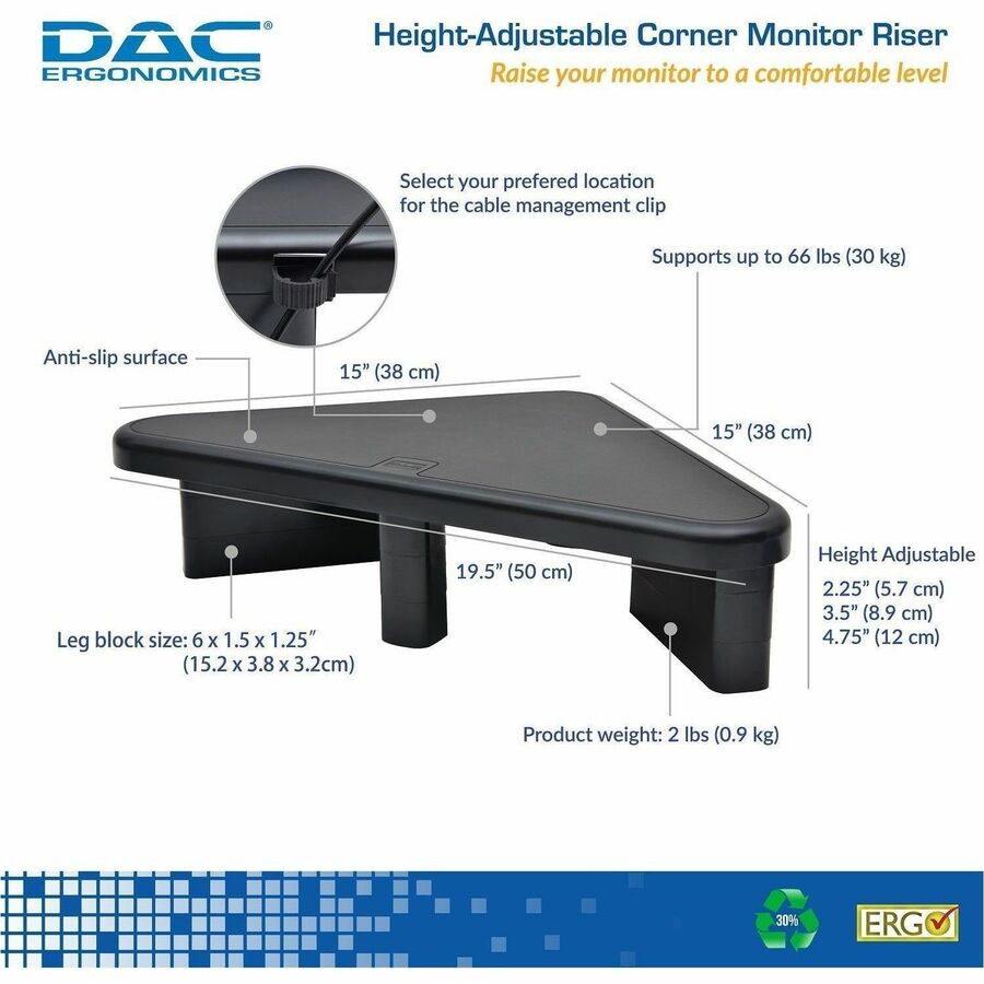 DAC® Stax MP-197 Height Adjustable Corner Monitor Riser, Black - 02184