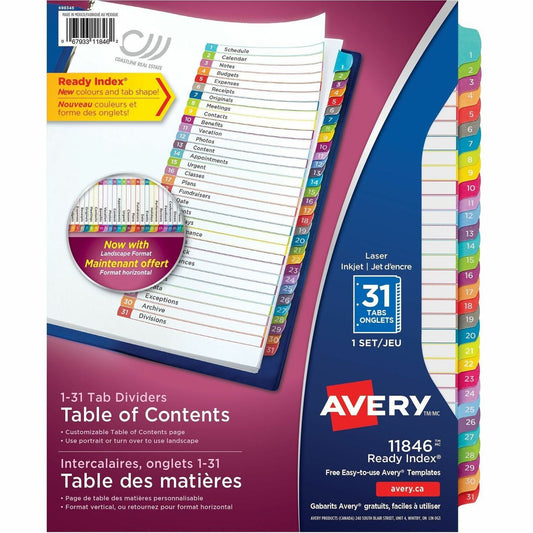 Avery® Ready Index® Customizable Table of Contents Dividersfor Laser and Inkjet Printers, 31 tabs, 1set