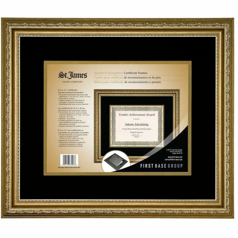 St. James® Certificate/Diploma/Document Frame, 8.5x11" , Florentine Gold w/Double Mat Black/Gold, 83908 - 83908