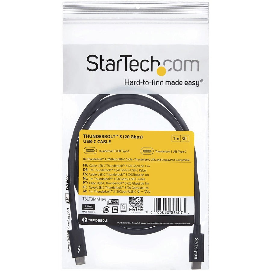 StarTech.com 1m (3.3ft) Thunderbolt 3 Cable, 20Gbps, 100W PD, 4K Video, Thunderbolt-Certified, Compatible w/ TB4/USB 3.2/DisplayPort - TBLT3MM1M