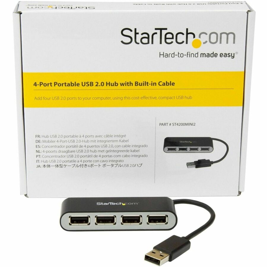 StarTech.com 4 Port Portable USB 2.0 Hub w/ Built-in Cable - 4 Port USB Hub - ST4200MINI2