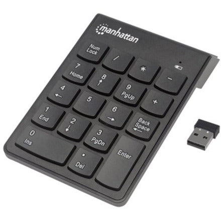 Manhattan Numeric Keypad, Wireless (2.4GHz), USB-A Micro Receiver, 18 Full Size Keys, Black, Membrane Key Switches, Auto Power Management, Range 10m, AAA Battery (included), Windows and Mac, Three - 178846