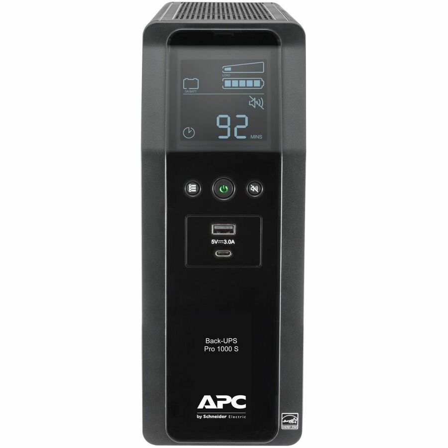 APC Back-UPS Pro, 1000VA/600W, Tower, 120V, 10x NEMA 5-15R outlets, Sine Wave, AVR, USB Type A + C ports, LCD, User Replaceable Battery - BR1000MS