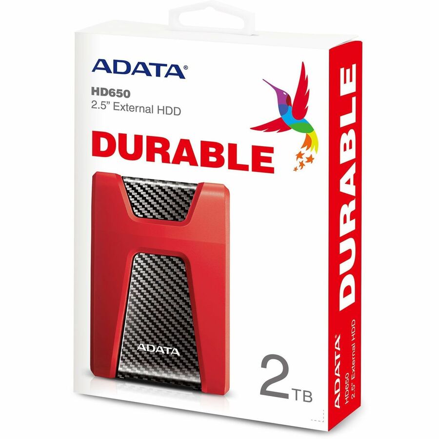 Adata DashDrive Durable HD650 AHD6502TU31CRD 2 TB Portable Hard Drive - External - Red - AHD650-2TU31-CRD