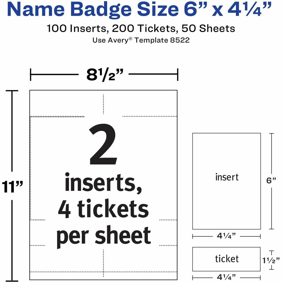 Avery® Vertical Name Badge and Ticket Insertsfor Laser and Inkjet Printers, 6" x 4-1/4" - 8522