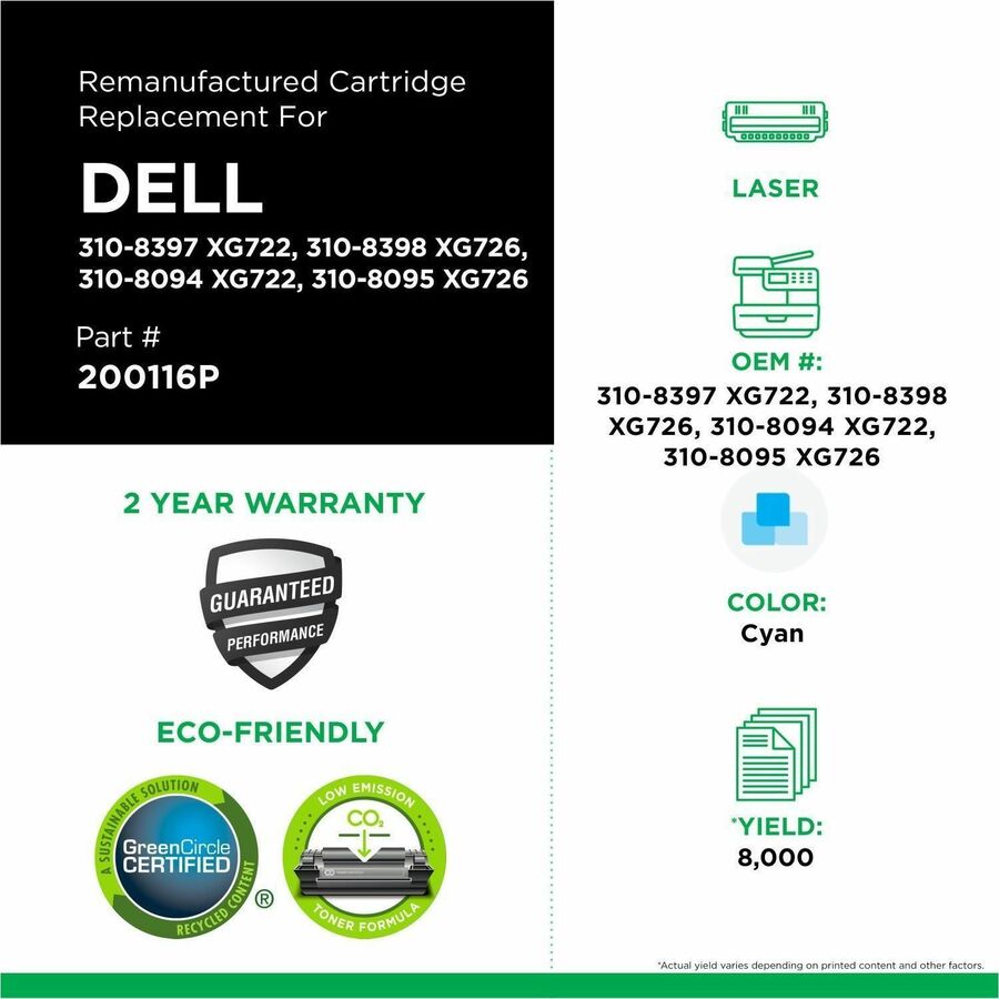 CIG Remanufactured High Yield Laser Toner Cartridge Dell 310-8094, Dell 310-8095, Dell 310-8397, Dell 310-8398, Dell XG722, Dell XG726 - Cyan - 1 Each - 200116P
