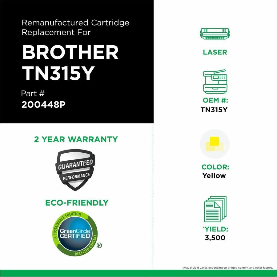 CIG Remanufactured High Yield Laser Toner Cartridge TN315, TN315Y (Brother TN315Y) - Yellow Each - 200448P