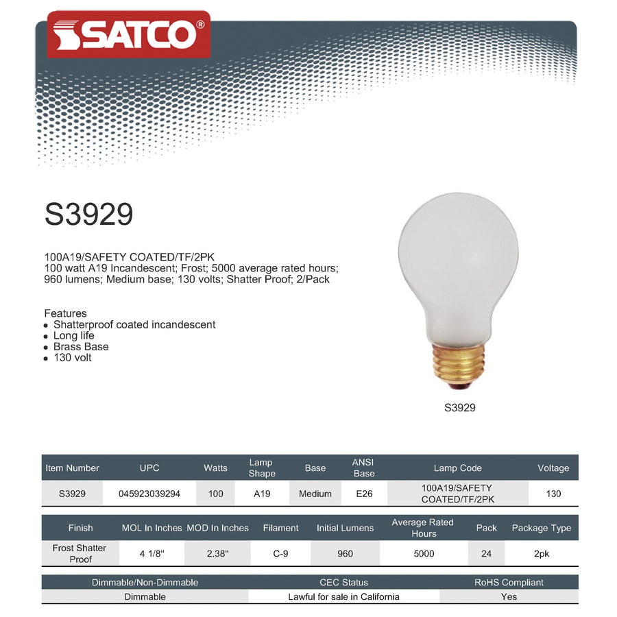 Satco 100A19 Safety Coated Incandescent Bulb - S3929