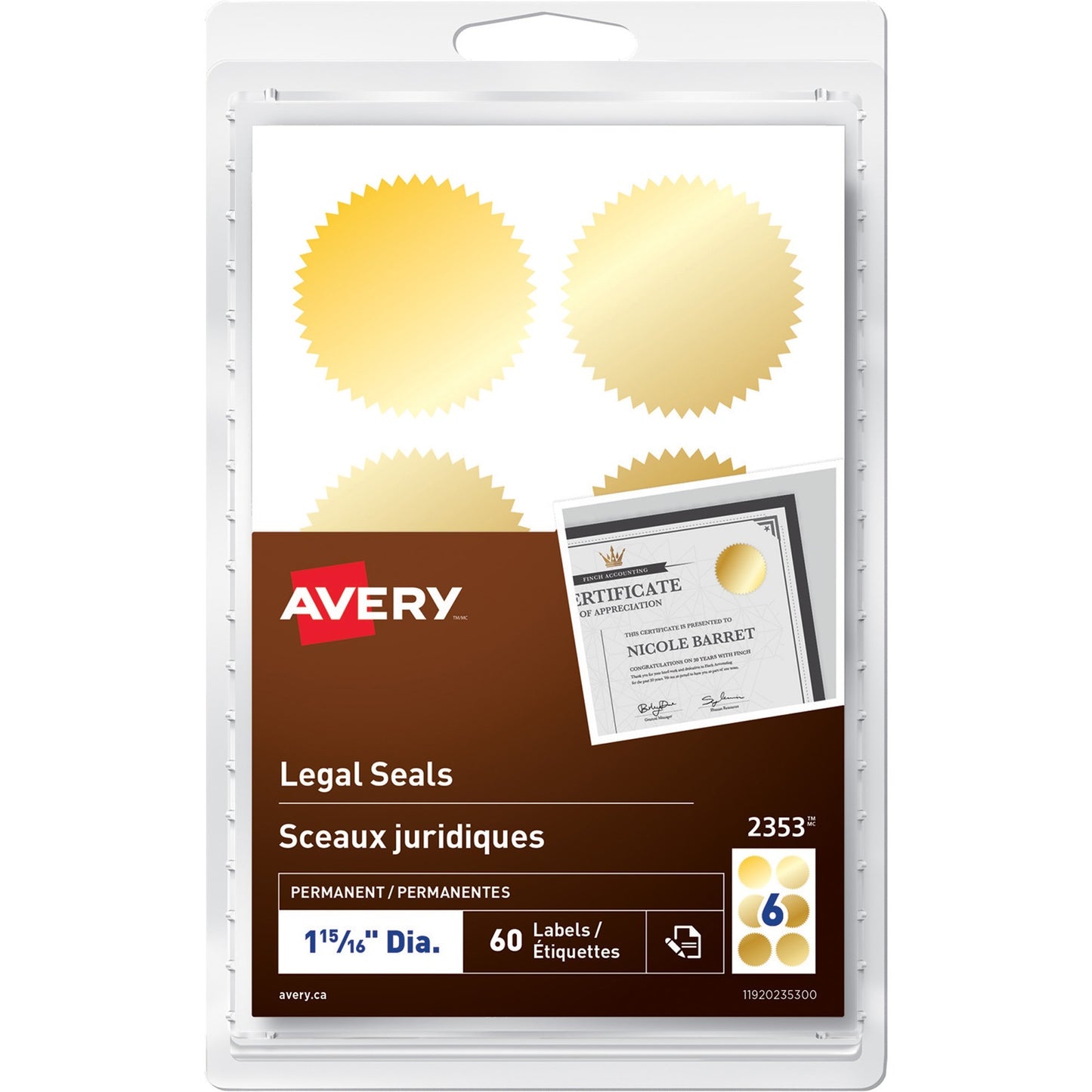 Avery® Legal SealsHandwrite, 1-15/16" Diameter, Gold