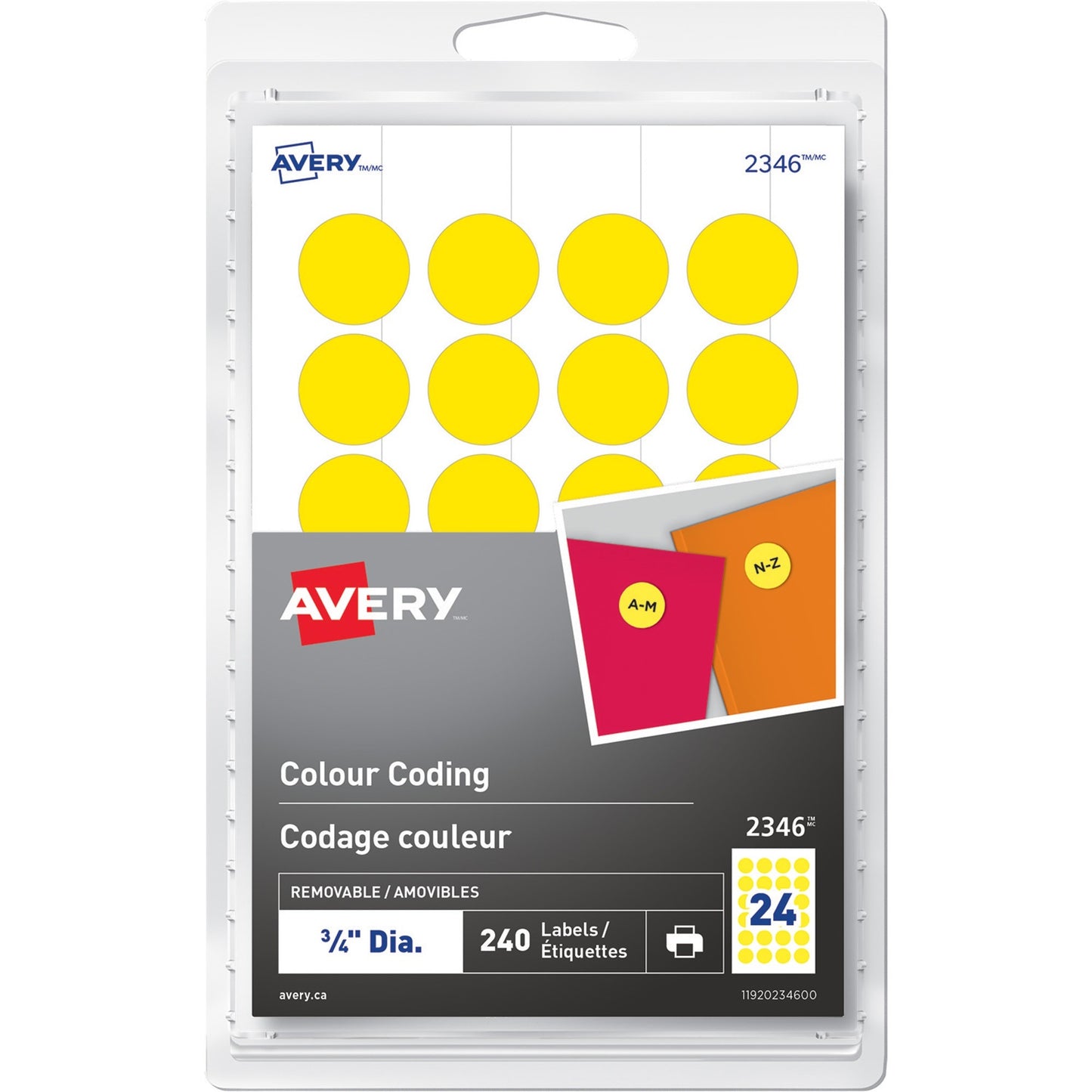 Avery® Removable Colour Coding Labelsfor Laser and Inkjet Printers, 3/4" , Yellow