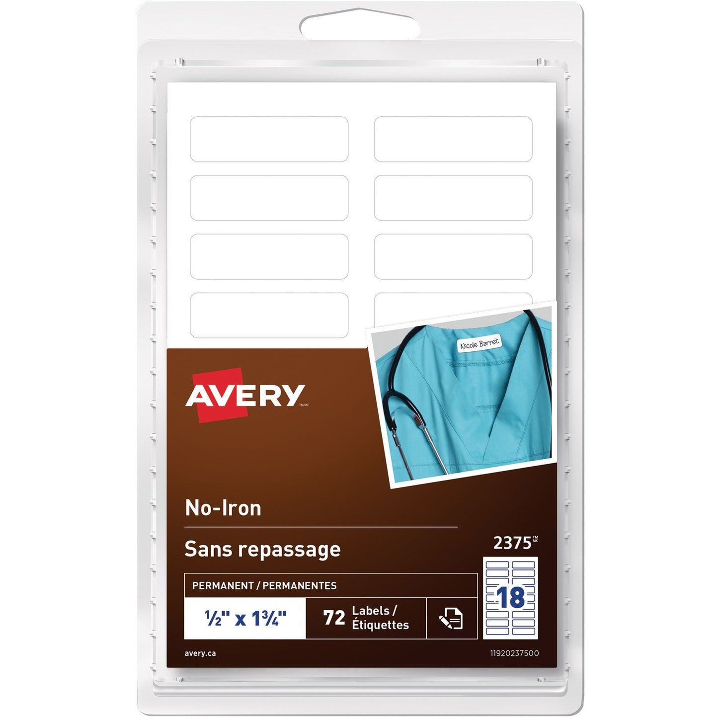 Avery® White No-Iron Fabric LabelsHandwrite, 1/2" x 1-3/4"