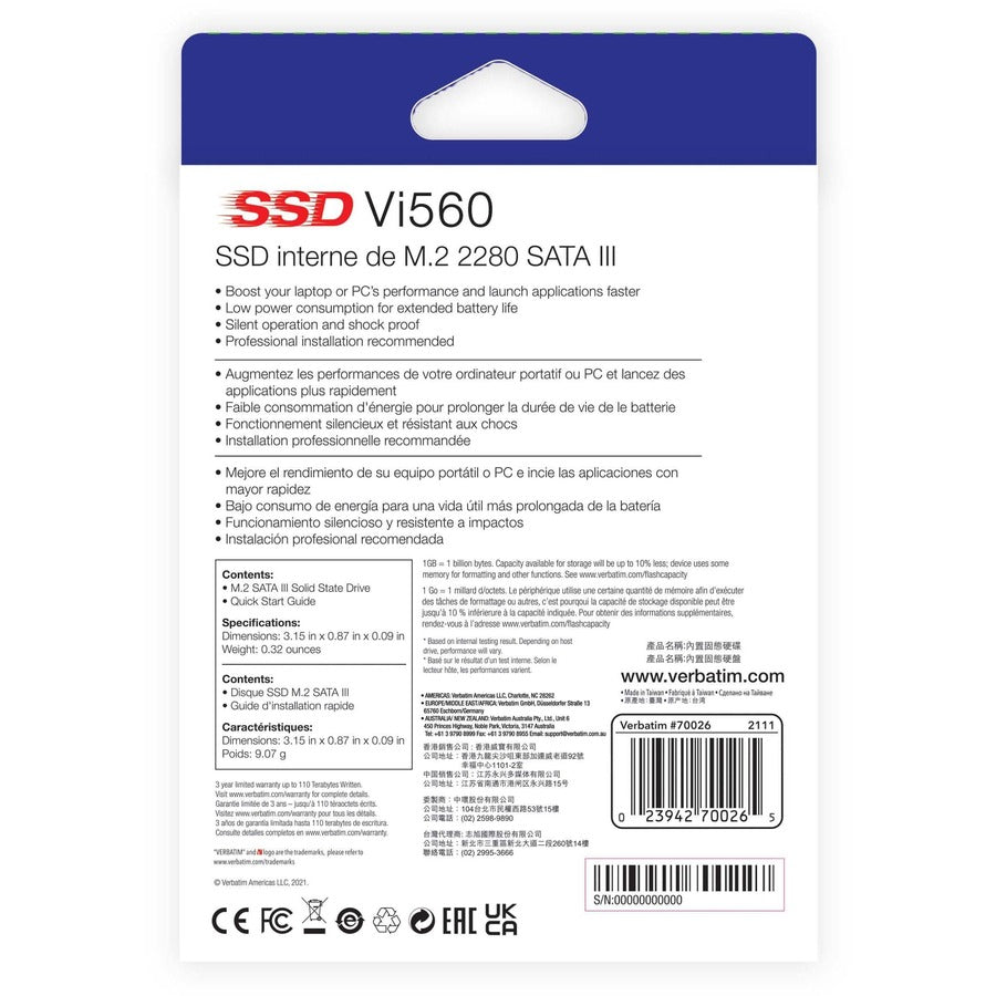 Verbatim Vi560 256 GB Solid State Drive - M.2 2280 Internal - SATA (SATA/600) - 70026