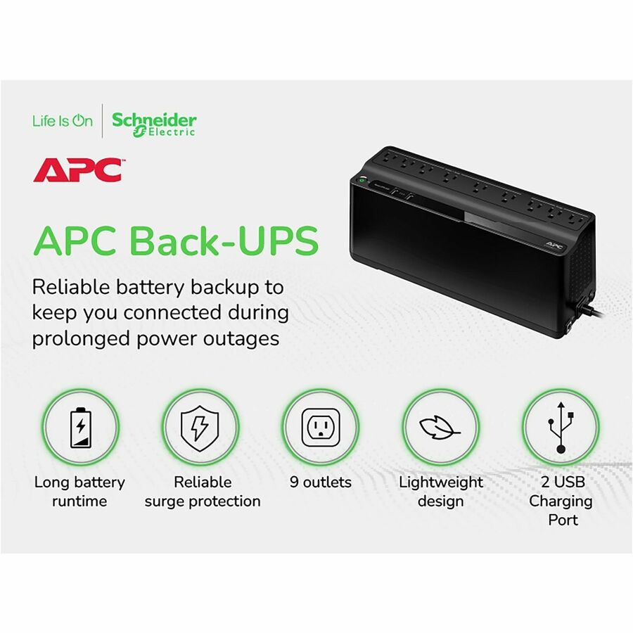 APC Back-UPS 850VA, 120V, 2 USB charging ports, 9 NEMA outlets (3 surge) - BE850G2