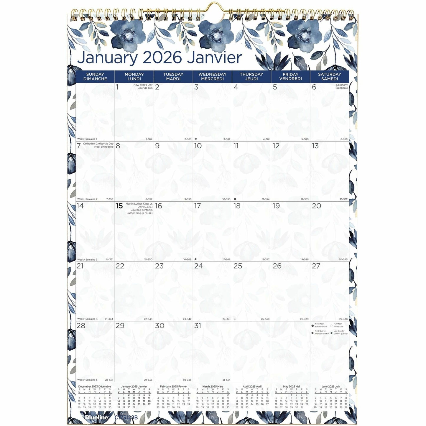 Blueline Azure Monthly Wall Calendar, 12" x 17" , Bilingual
