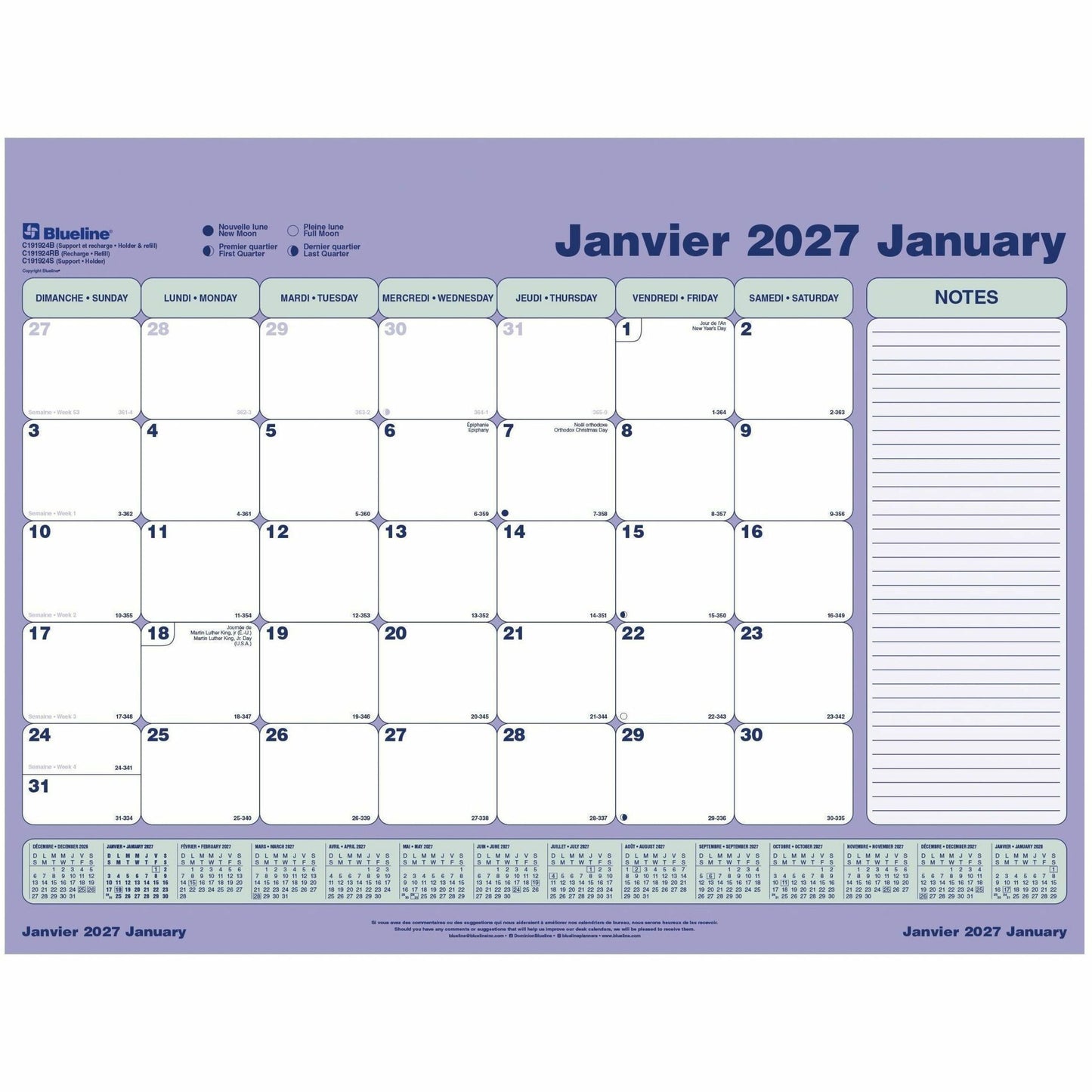 Blueline Monthly Desk Pad Calendar Refill, 23-1/2" x 18-1/4" , Bilingual