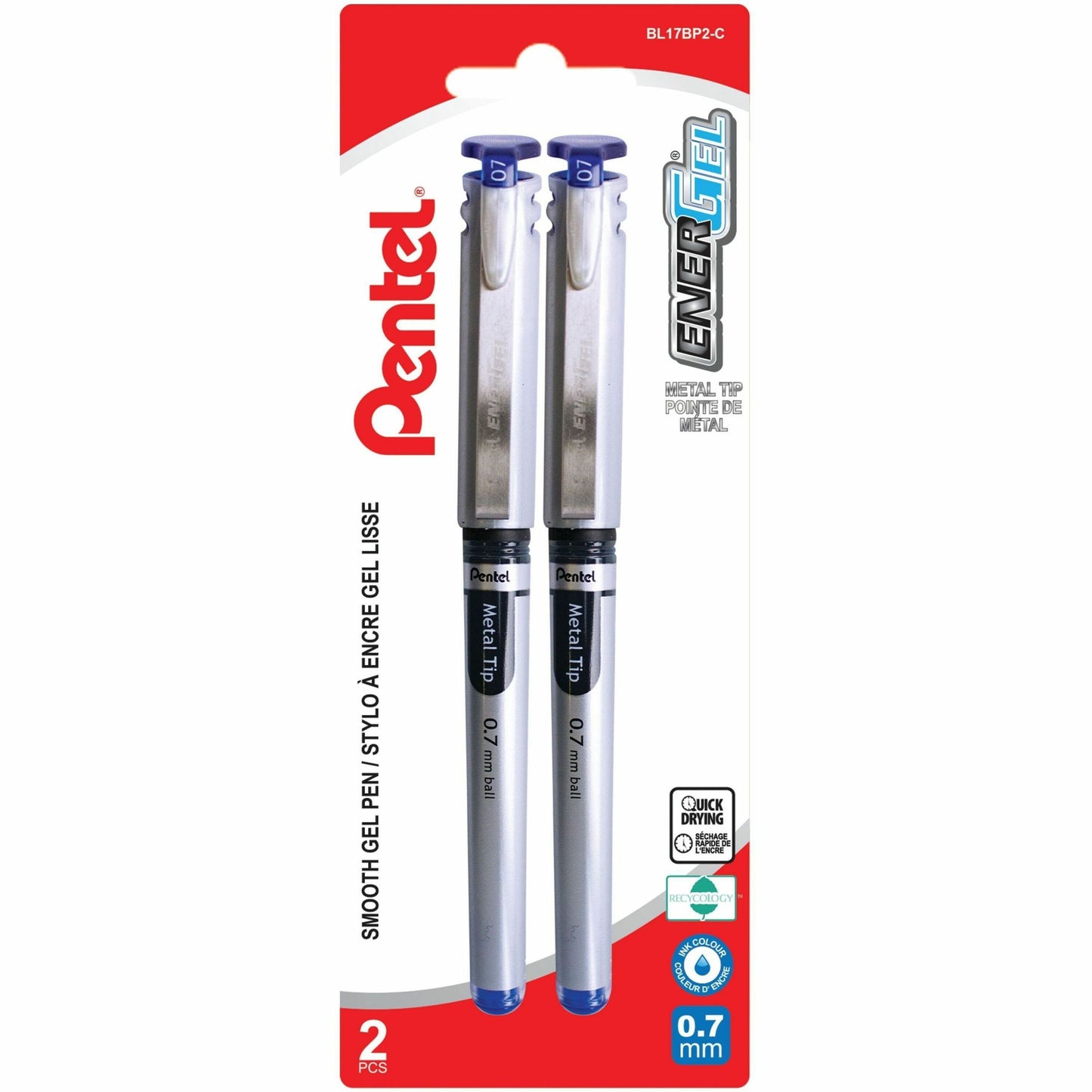 EnerGel Liquid Gel Pen, (0.7mm) Metal Tip, Capped, Blue Ink, 2PC Pack