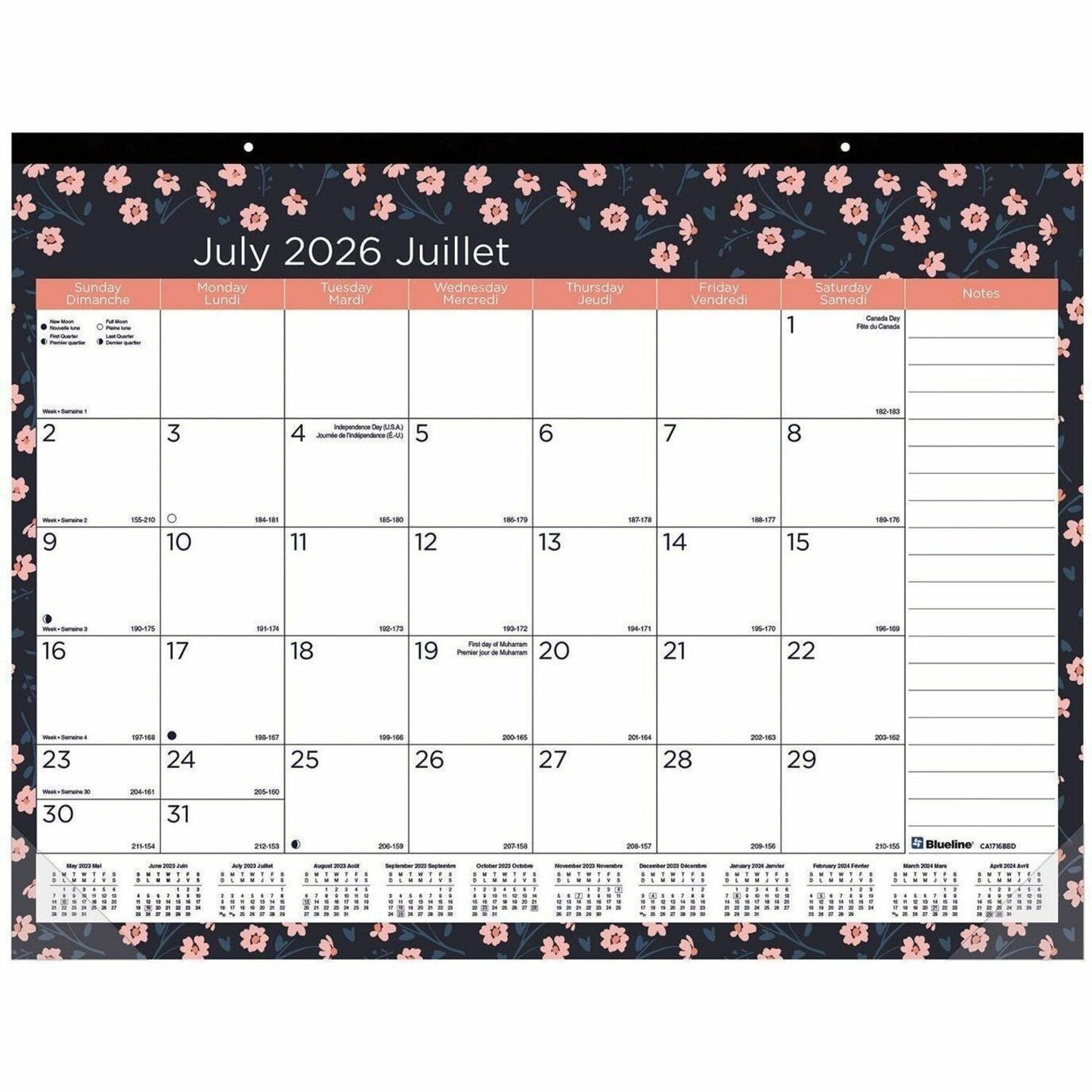 Blueline 2026 - 2027 18-Month Monthly Desk Pad/Calendar - July to December - 22" x 17" - Blossom Collection - Bilingual