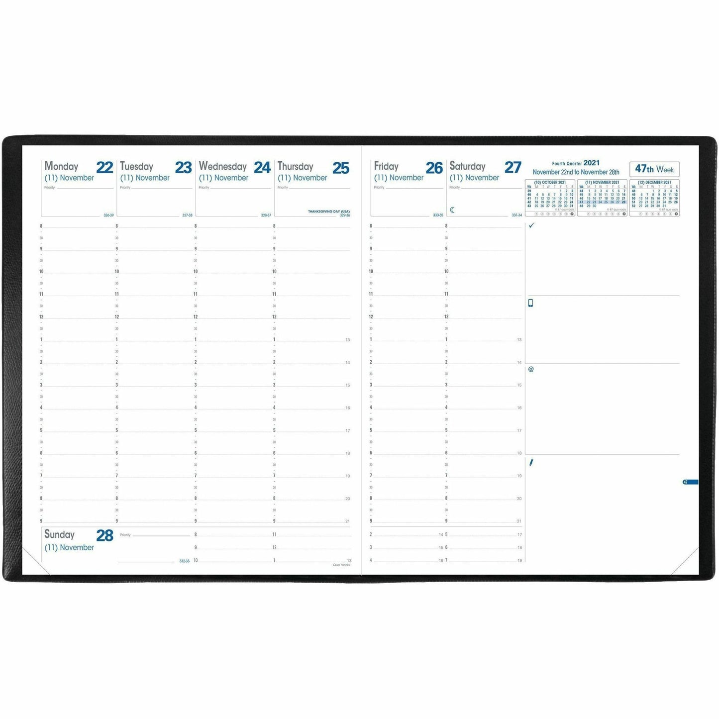 Quo Vadis President Weekly Planner, 10-3/4" x 8-1/4" , English, Freeport Black