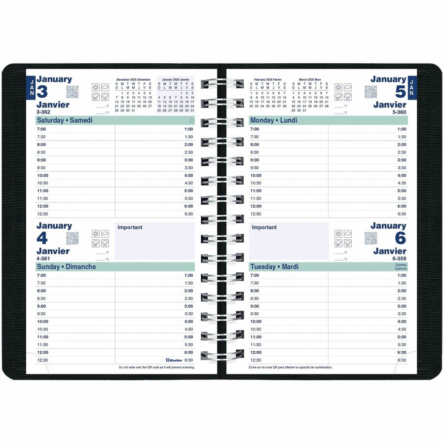 Blueline 2026 Essential 12-Month Daily Planner - 2-Day Per Page - January to December - Black - 8" x 5" - Bilingual - C5104.81BT