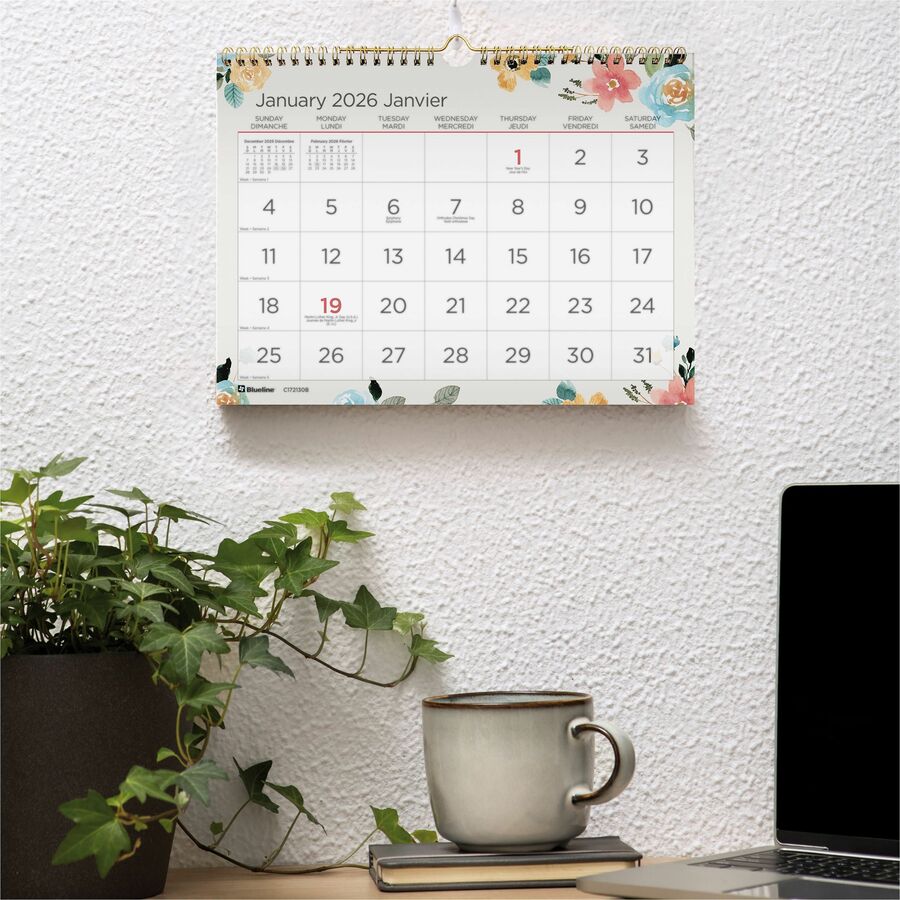 Blueline Spring Monthly Wall Calendar, 11" x 8" , Bilingual - C172130B