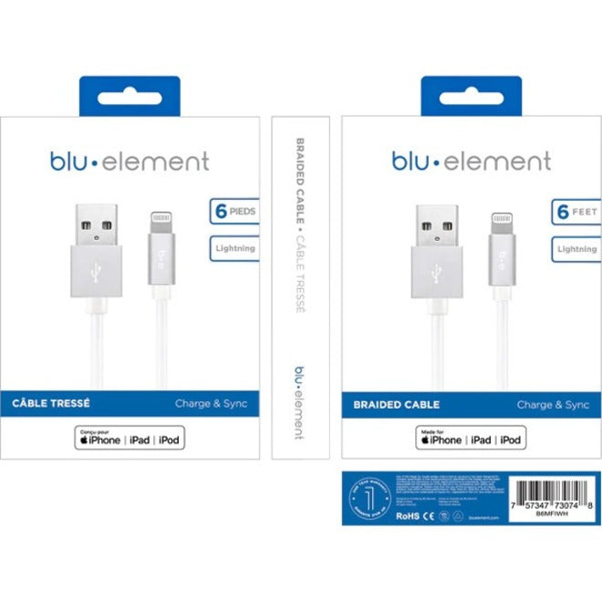 Blu Element Braided Charge/Sync Lightning to USB Cable 6ft White - B6MFIWH