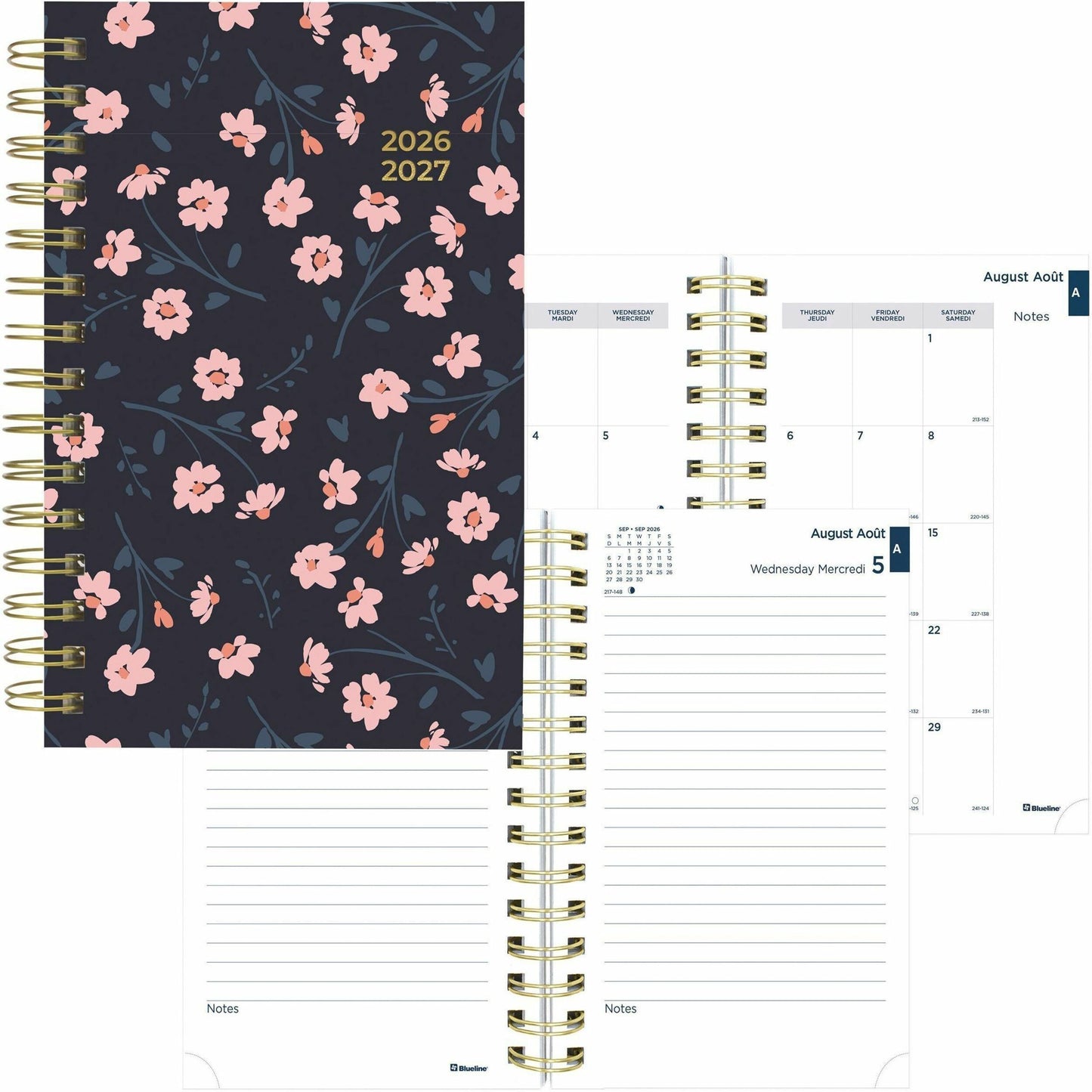 Blueline Blossom Academic 12-Month Daily Planner, 8" x 5" , English, Navy