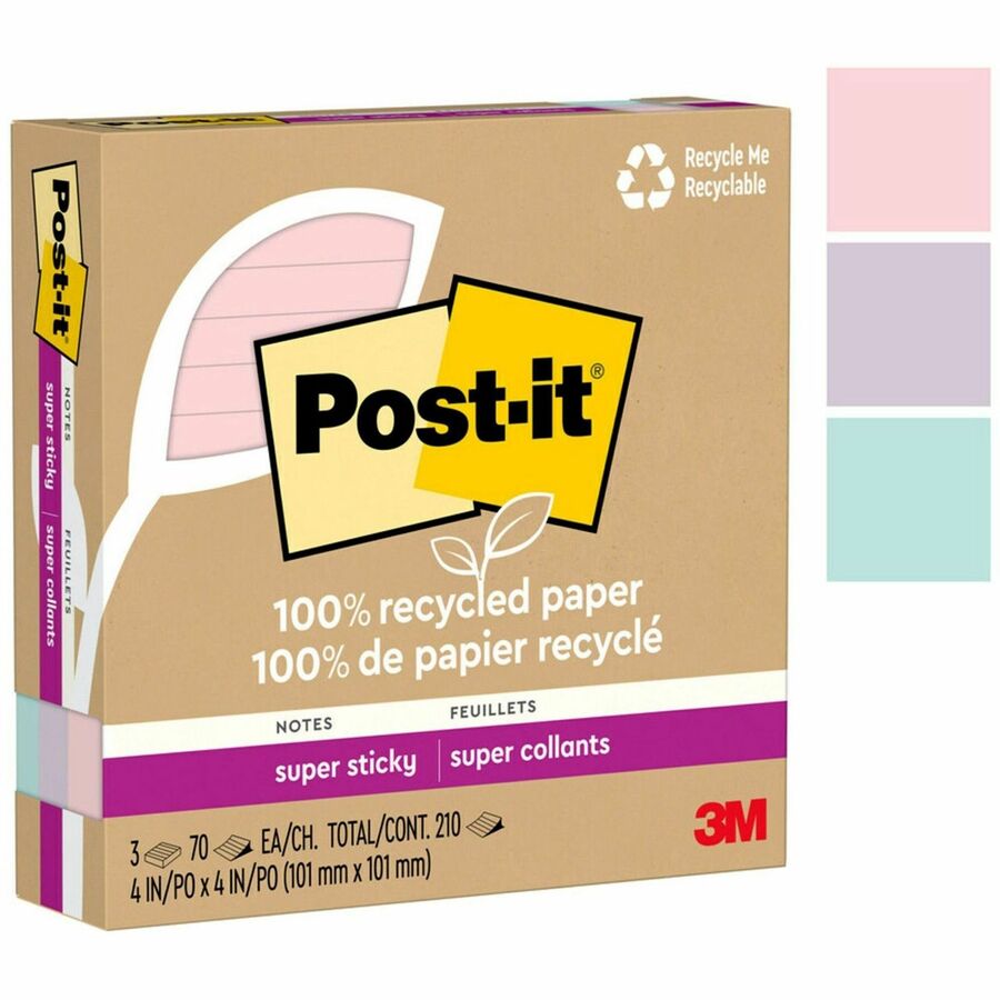 Post-it® 100% Recycled Paper Super Sticky Notes 4 in x 4 in Lined Wanderlust Pastels Collection - 675R-3SSNRP