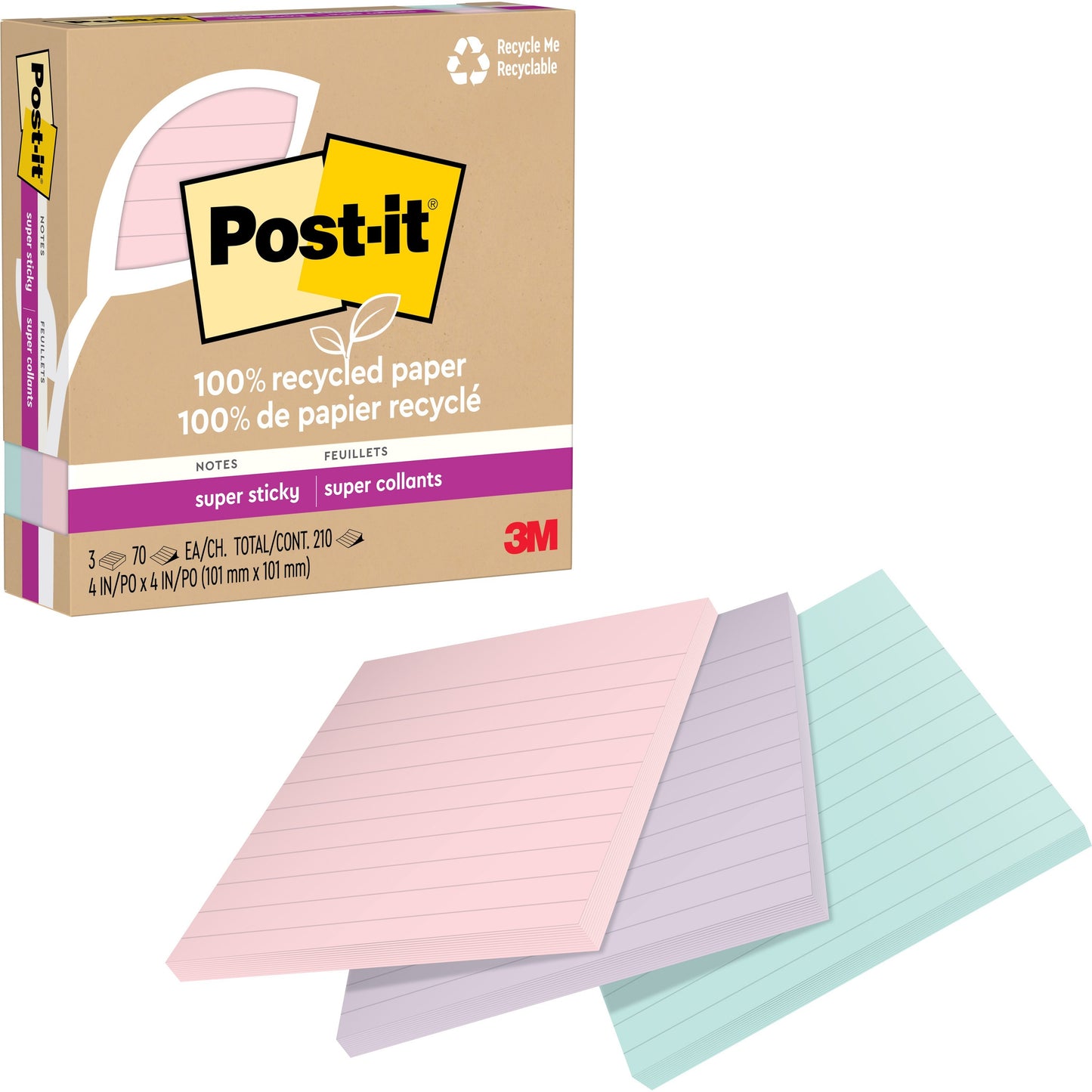 Post-it® 100% Recycled Paper Super Sticky Notes 4 in x 4 in Lined Wanderlust Pastels Collection