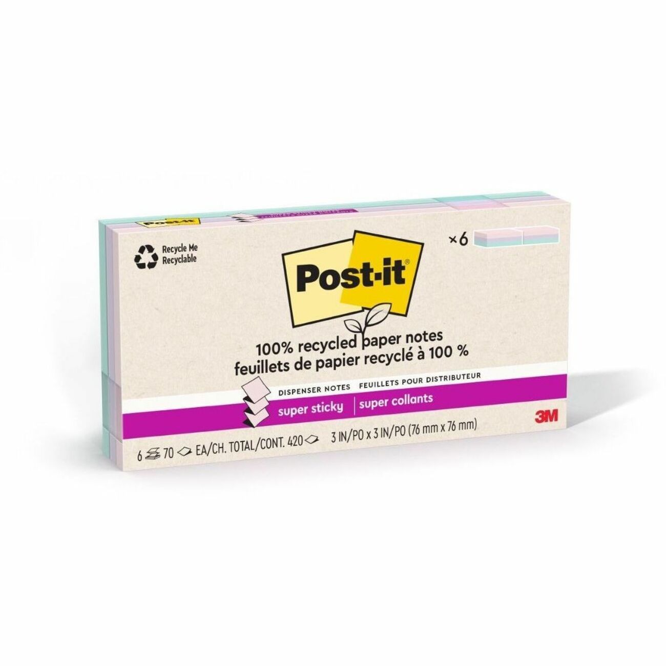 Post-it® 100% Recycled Paper Super Sticky Dispenser Notes, 3 in x 3 in, Wanderlust Pastels Collection