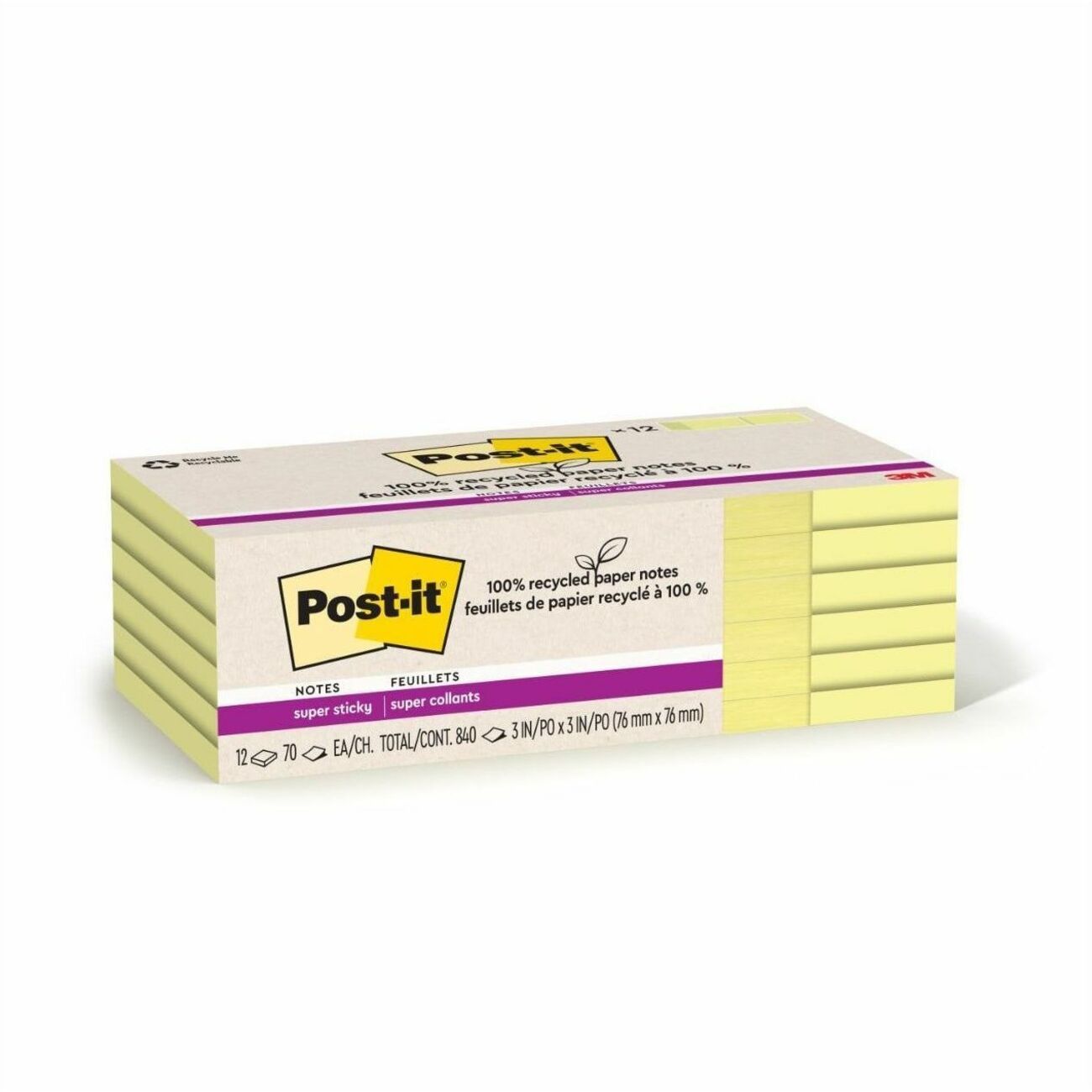 Post-it® 100% Recycled Paper Super Sticky Notes, 3 in x 3 in, Canary Yellow