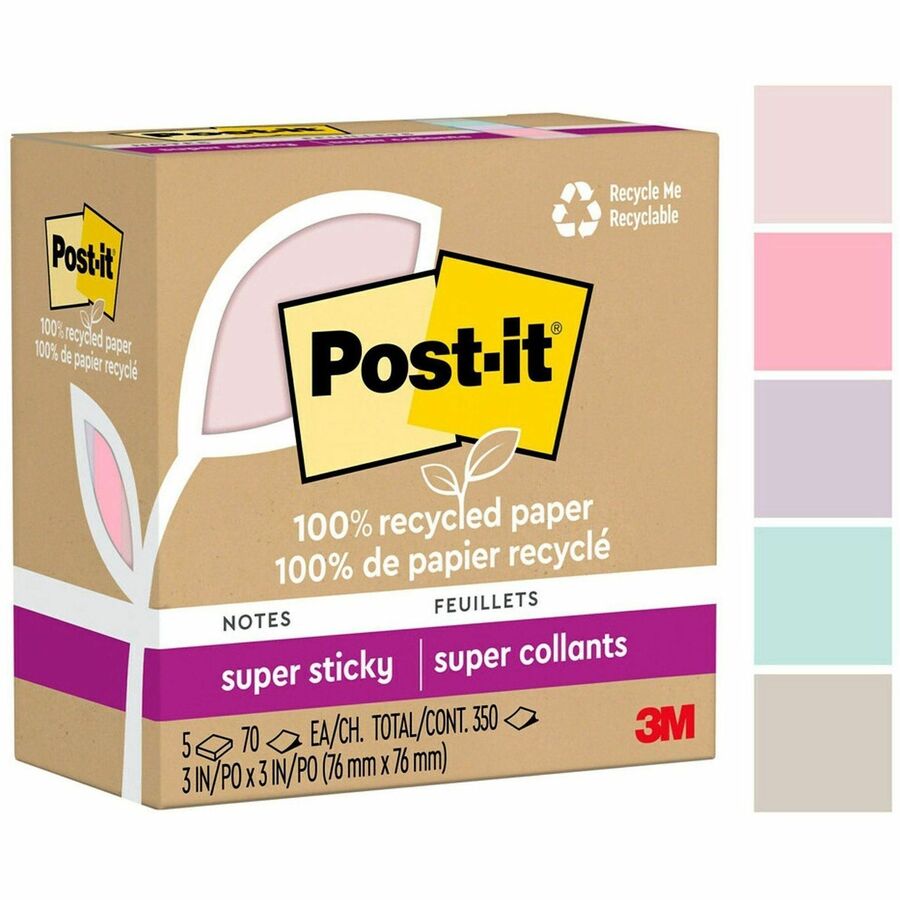 Post-it® 100% Recycled Paper Super Sticky Notes, 3 in x 3 in, Wanderlust Pastels Collection - 654R5SSNRP